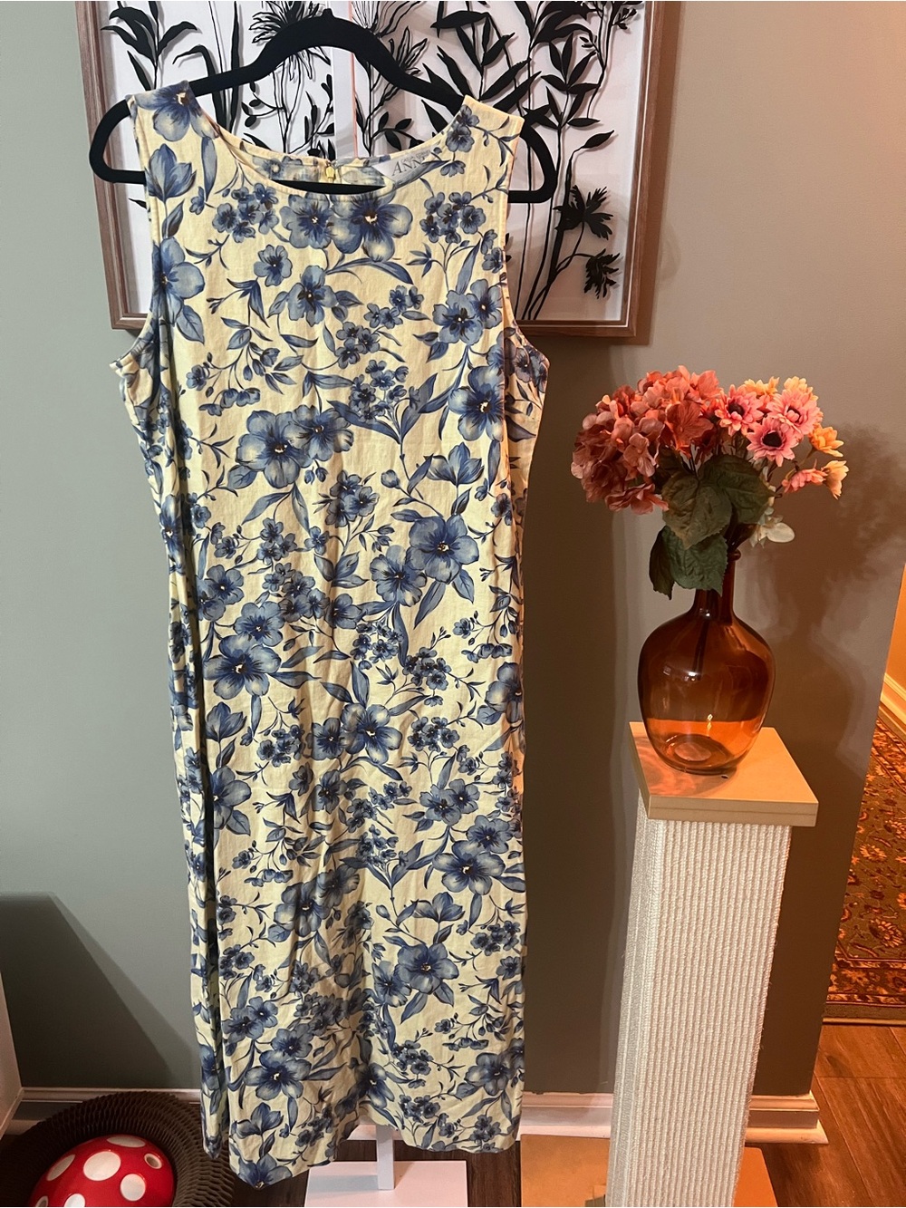 Casual Corner Annex Vintage Butter Yellow Blue Floral Linen Blend Dress Size 14